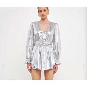 Endless Rose Snakeskin Metallic Romper Silver Long Sleeve Pleated V-Neck Size XS